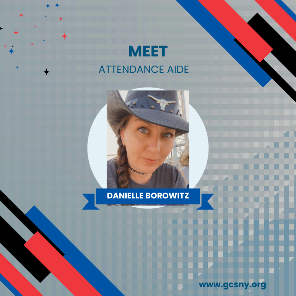 A graphic with a photo of a woman in a cowboy hat states, "Meet Attendance Aide Danielle Borowitz."