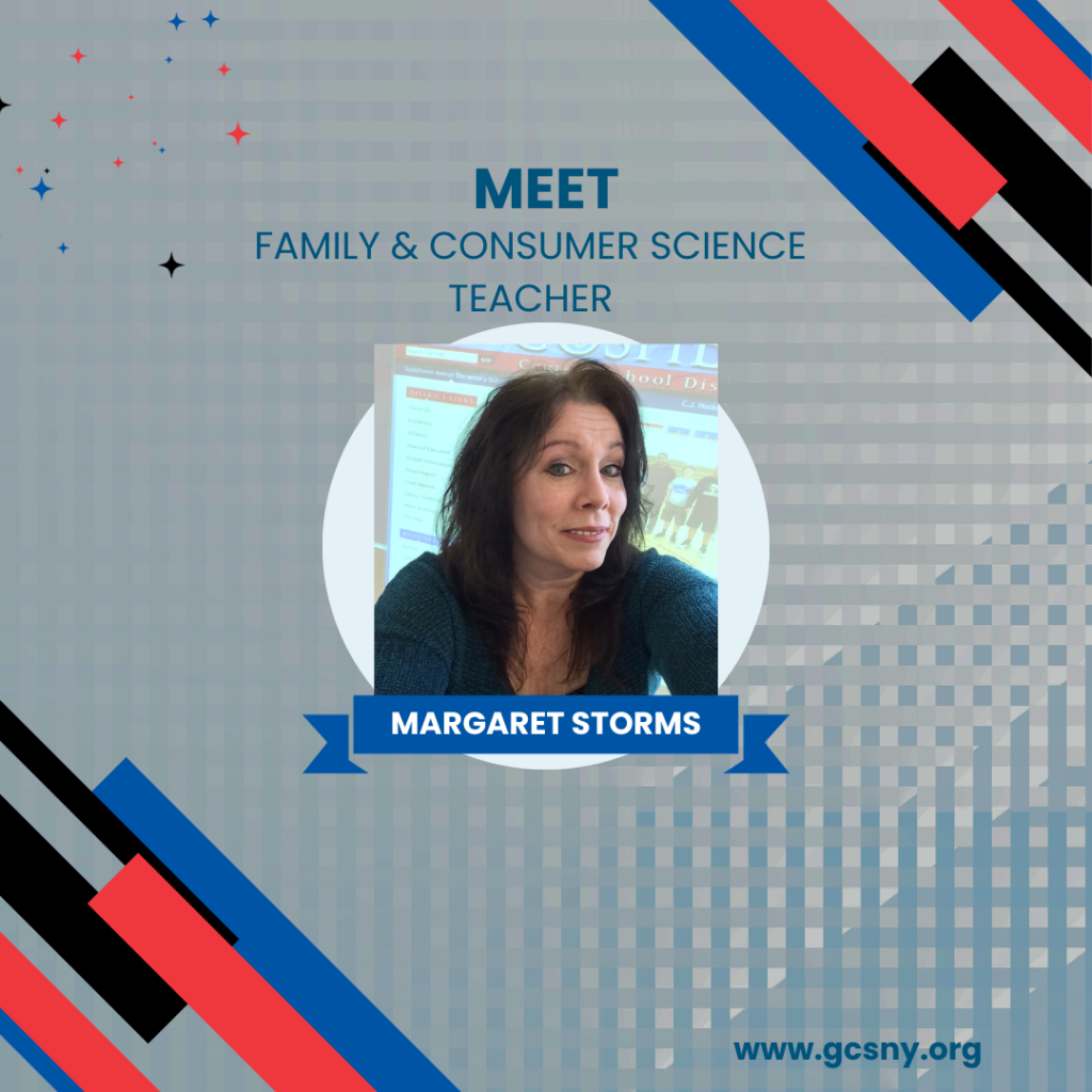 Graphic depicting a woman smiling that says "Meet Family & Consumer Science Teacher Margaret Storms."