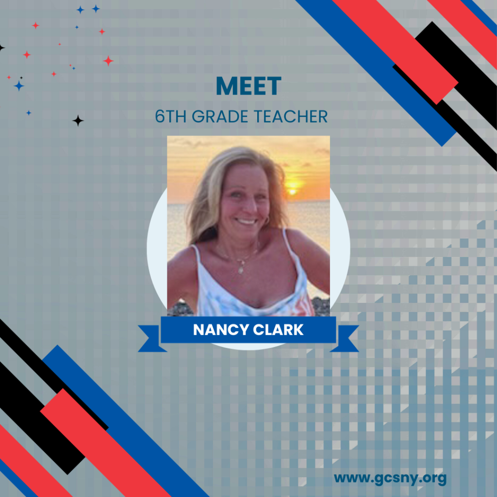 Graphic depicting a woman at the beach that says "Meet 6th Grade Teacher Nancy Clark."