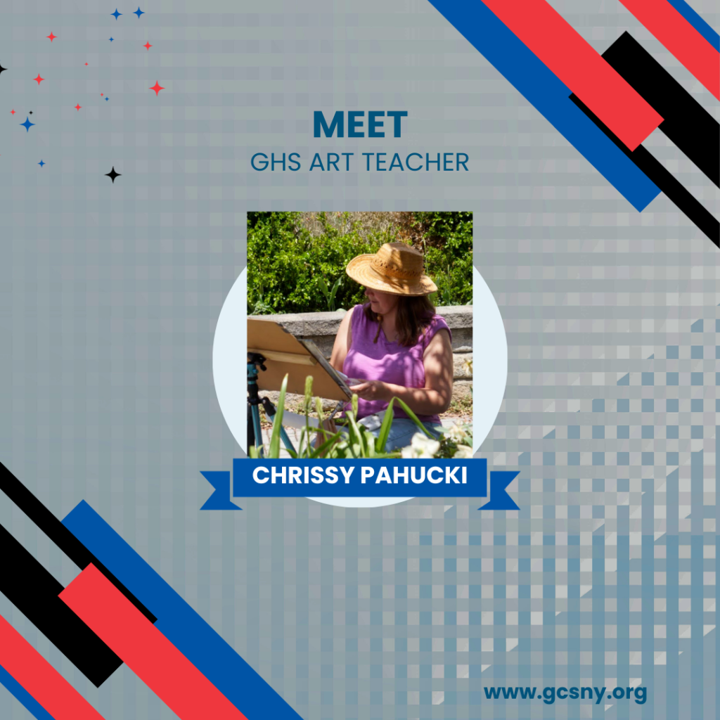 Graphic of a woman in a straw hat painting outdoors that says "Meet GHS Art Teacher Chrissy Pahucki."