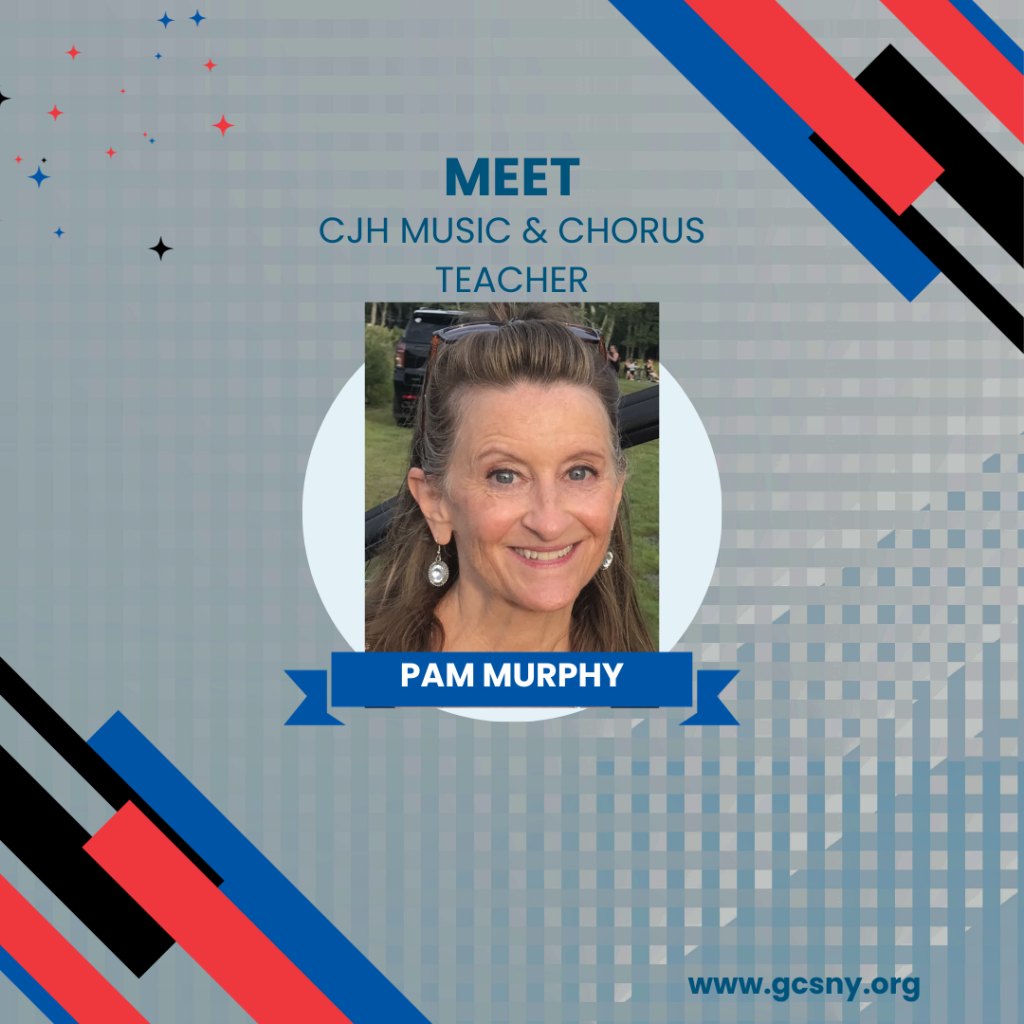A graphic with an image of a woman with the text "Meet CJH Music & Chorus Teacher Pam Murphy."