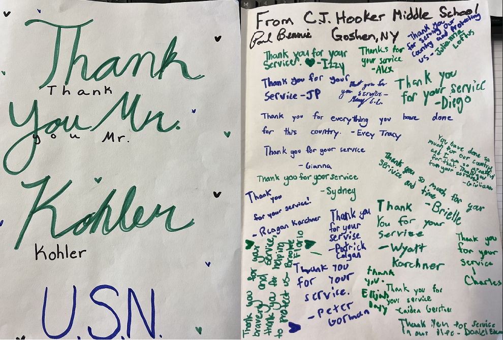 An image of a handmade card that says "Thank you Mr. Kohler U.S.N." on the front and thank yous scattered within with the heading "From C.J. Hooker Middle School, Goshen, NY."