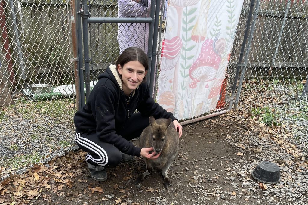 A teenager crouches next to a wallaby in an enclosure at an exotic animal retreat.