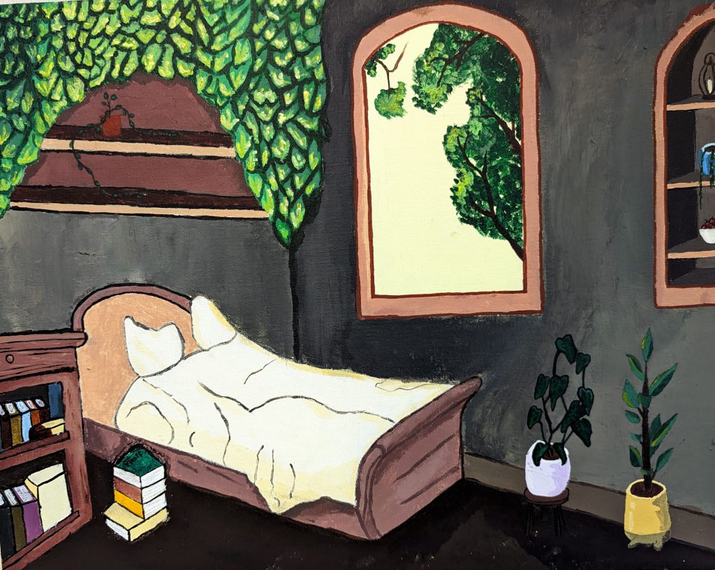 A painting of a bedroom: a bed with white sheets and pillows, wooden accents, and green leaves within and outside the room.