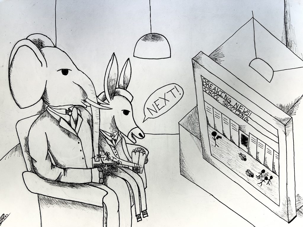 Cartoon of an elephant and a donkey sitting on a couch with a speech bubble that says "Next!" as they watch breaking news about a school shooting.