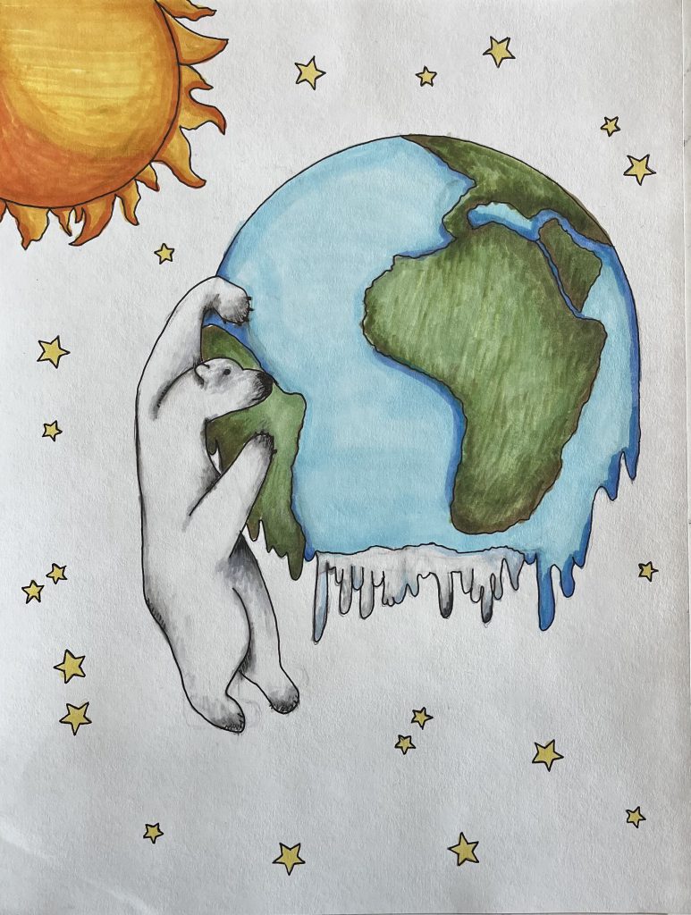 Drawing of a polar bear hanging onto a globe of the planet Earth as it melts from the sun. 