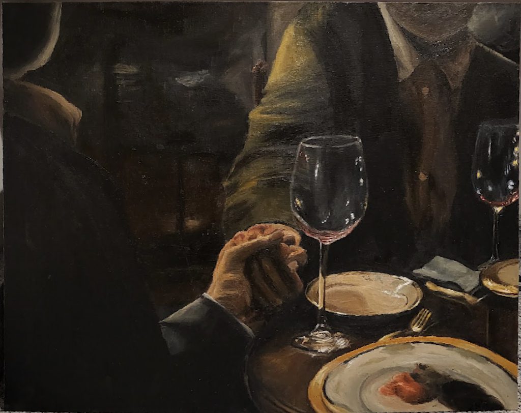 Painting with dark colors and two people holding hands at a table with a plate and empty wine glass.