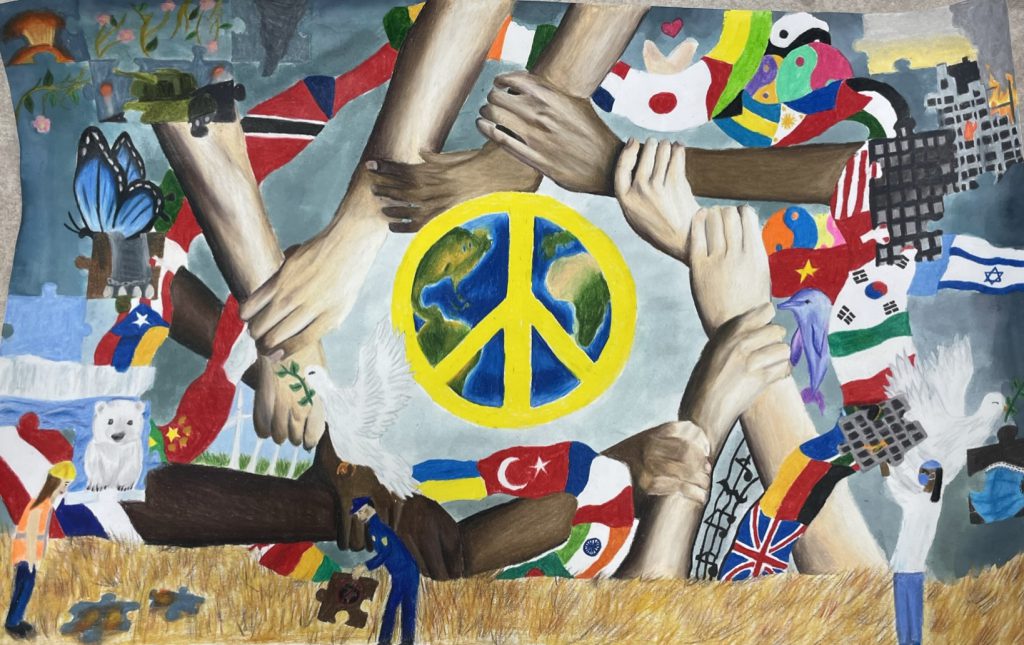 A "Together as One" poster created by CJH student Amelia Arbizo, depicting hands holding onto one another around a yellow peace sign with images of animals, flags, a city and puzzle pieces in the background.
