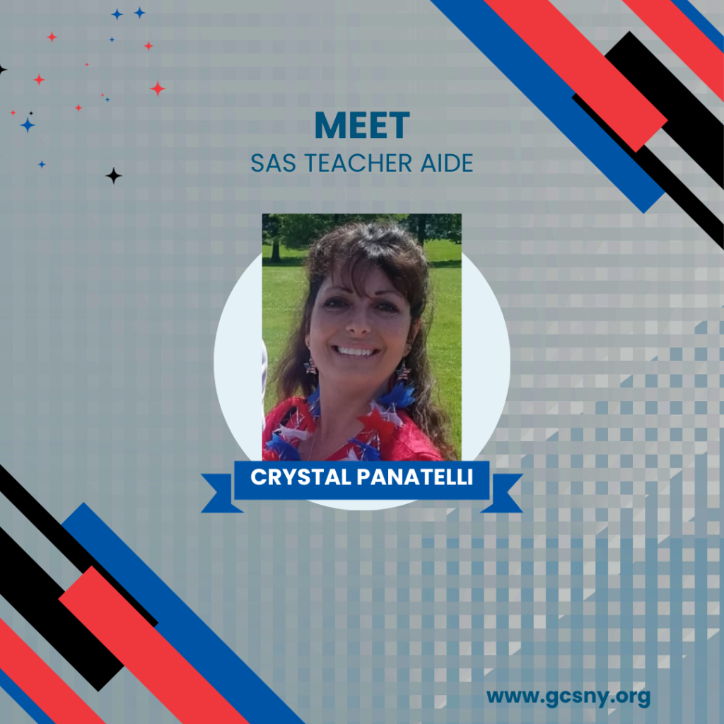 A graphic with a photo of a woman and the text "Meet SAS Teacher Aide Crystal Panatelli."