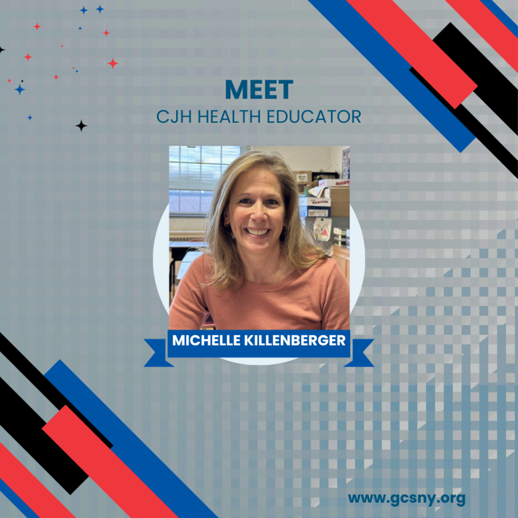 A graphic with a photo of a blonde-haired woman and the text "Meet CJH Health Educator Michelle Killenberger."