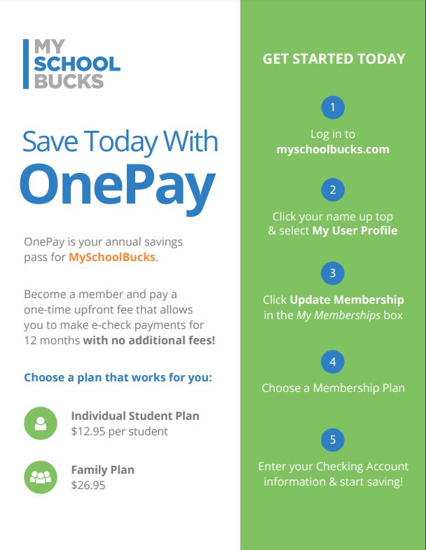 Image from MySchoolBucks with directions to sign up for OnePay.