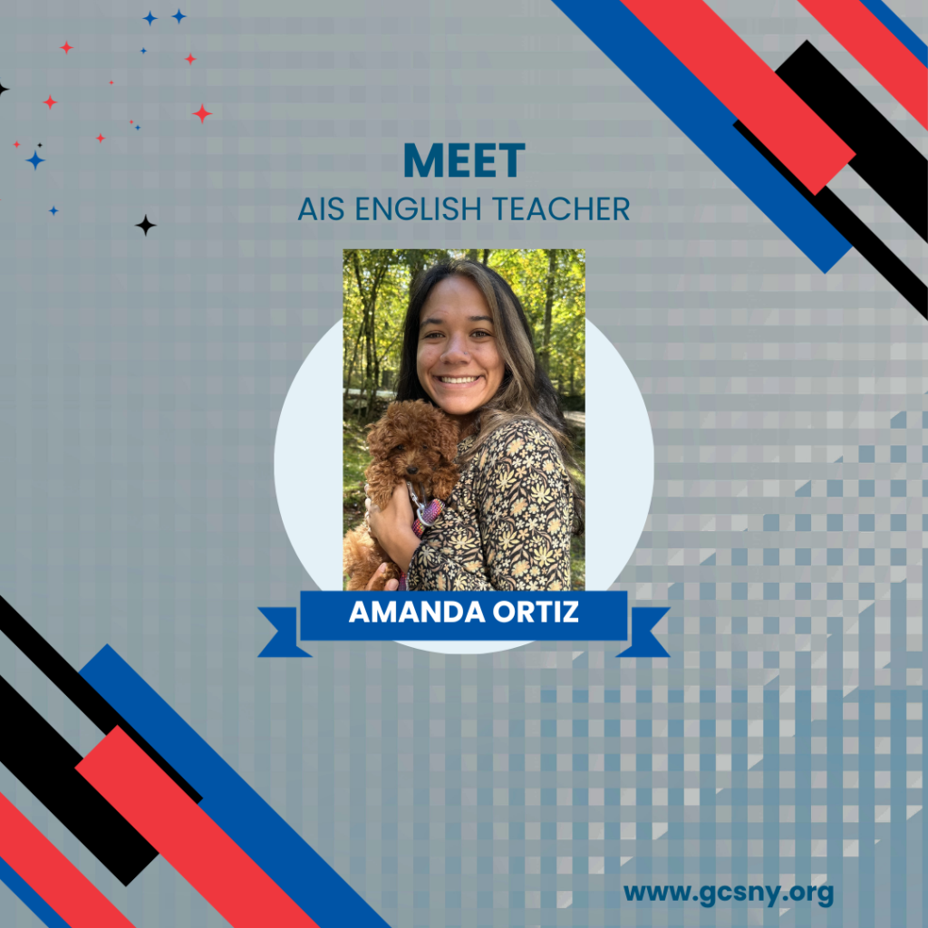 A graphic with a photo of a woman holding a dog and the text "Meet AIS English Teacher Amanda Ortiz."