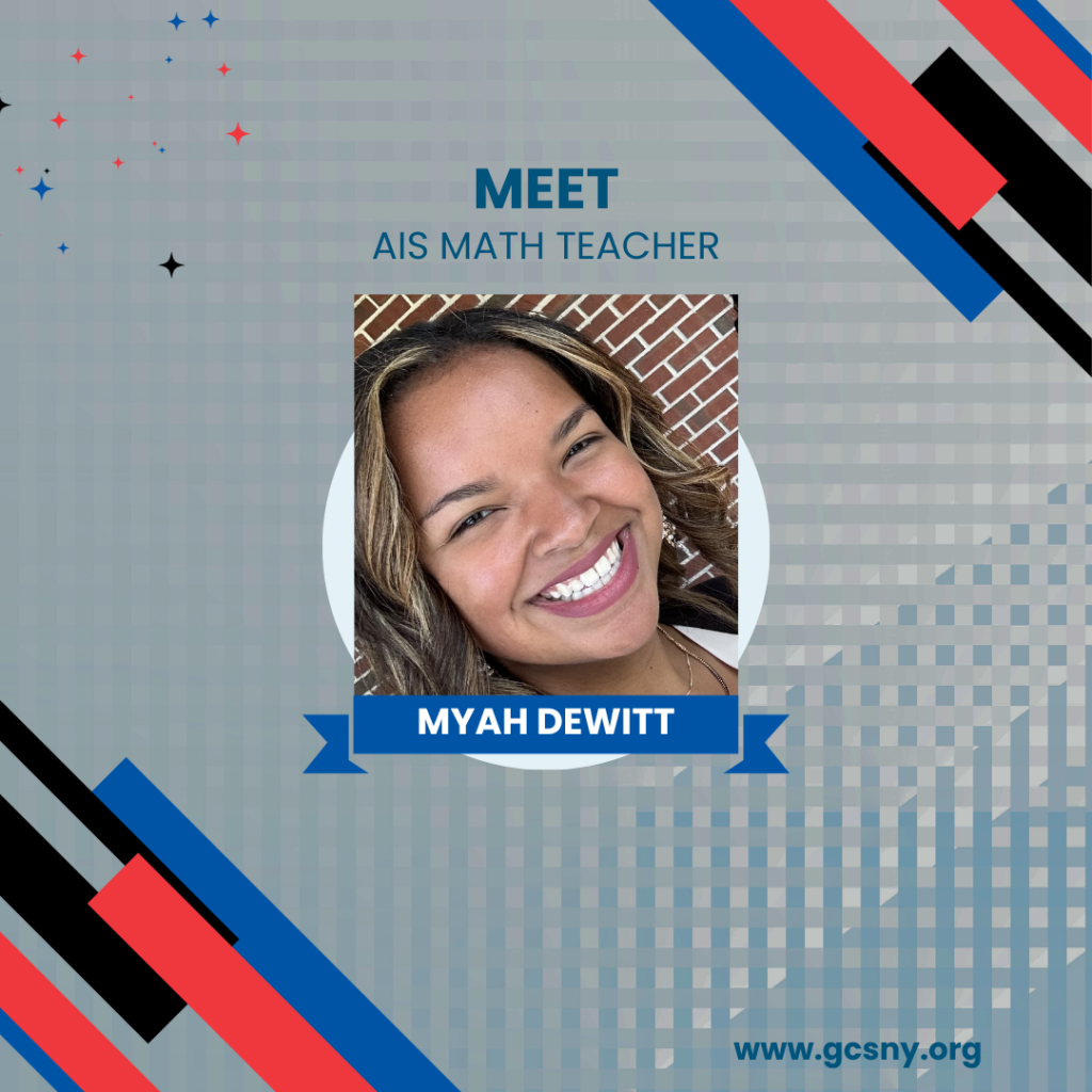 Graphic with a photo of a woman and the text "Meet AIS Math Teacher Myah Dewitt."