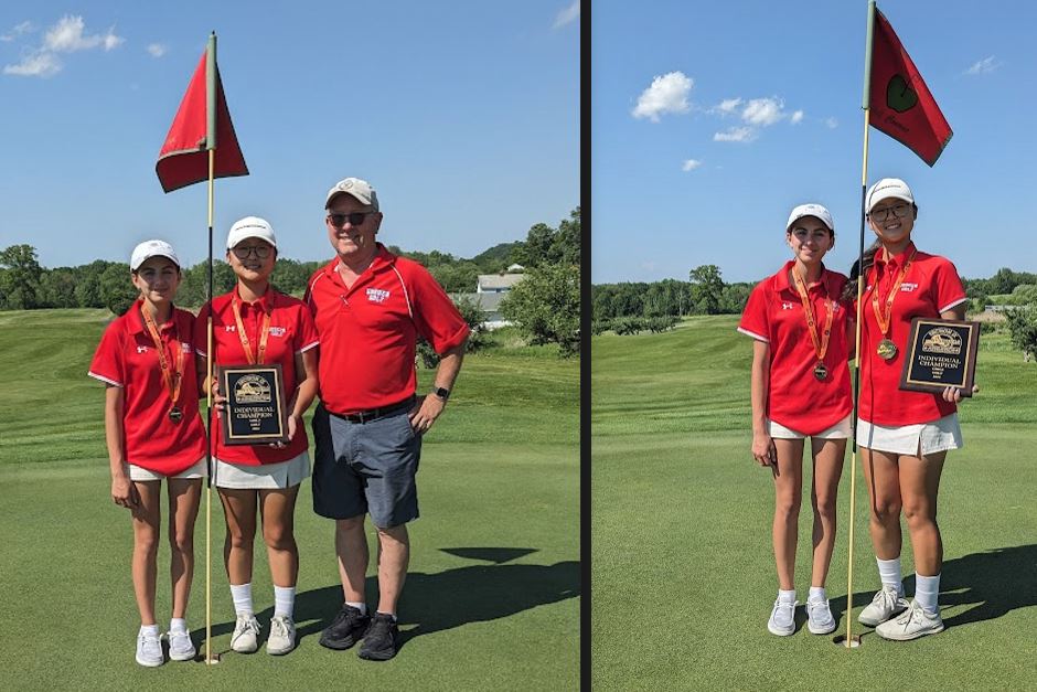 Two photos of girls golfers side by side with winners holding up plaques next to the hole and flagstick where they won.