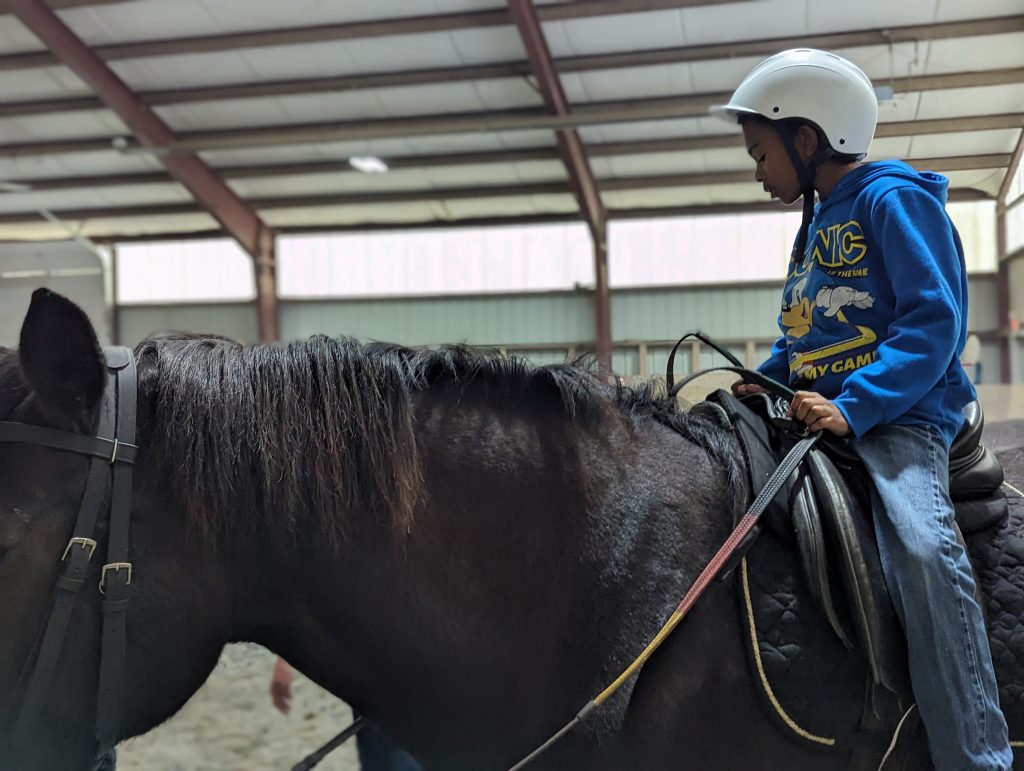 An intermediate student in a white helmet and Sonic the Hedgehog hoodie looks to the ground next to him while sitting atop a black horse in an indoor corral.