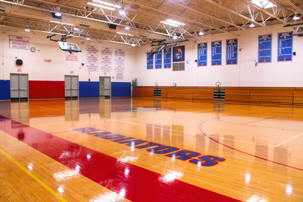 A view of the new gym floors in Goshen High School. The floors are clean and shining. 