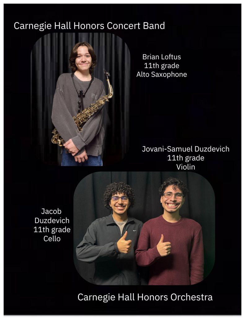 Juniors Brian Loftus, Jacob Duzdevich and Jovani-Samuel Duzdevich smile for the camera for the Carnegie Hall Honors Concert Band photo. 