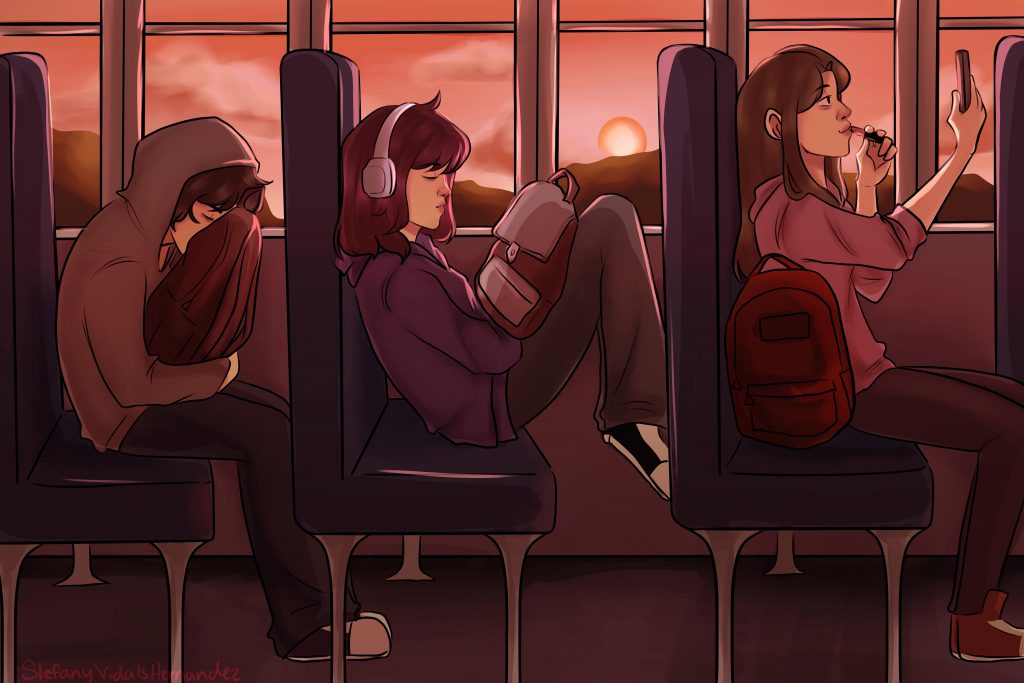 Stefany Vidals Hernandez's winning entry into the "A Day in the Life School Bus" Art competition and Scholarship features three students on their way to school. One student is doing makeup, the second student is listening to music with their eyes closed, and the third student appears to be sleeping on their backpack as the sun rises over some hills out the bus window. 