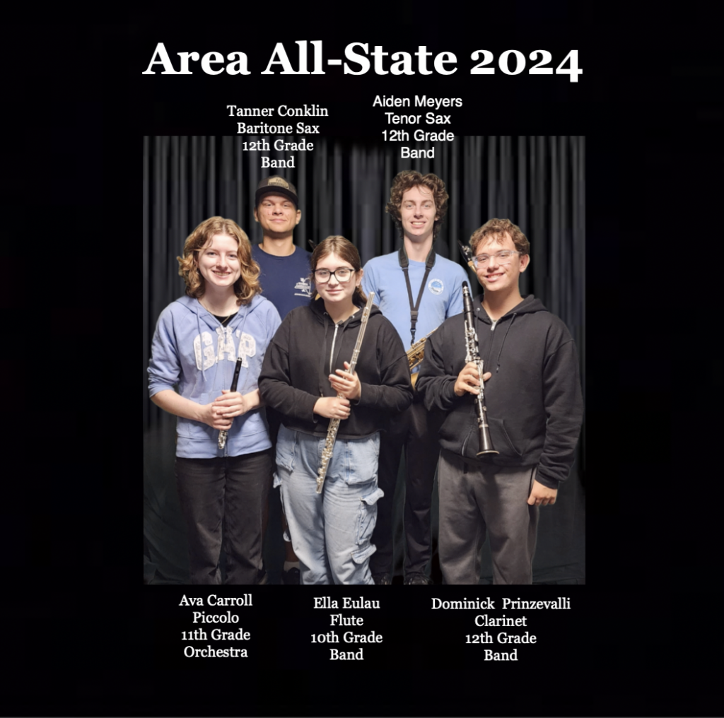 Five students smile for a photo to celebrate their Area All-State 2024 selection. From left to right: Ava Carroll, 11th grade, playing the piccolo, selected to the orchestra. Tanner Conklin, 12th grade, playing the baritone saxophone, selected to the band. Ella Eulau, 10th grade, playing the flute, selected to the band. Aiden Meyers, 12th grade, playing the tenor saxophone, selected to the band. Dominick Prinzevalli, 12th grade, , playing the clarinet, selected to the band. 