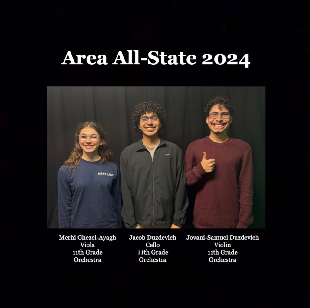 Three students smile for a photo celebrating their Area All-State Orchestra selection. From left to right: Merhi Ghezel-Ayagh, 11th grade, playing the viola. Jacob Duzdevich, 11th grade, playing the cello. Jovani-Samuel Duzdevich, 11th grade, playing the violin. 