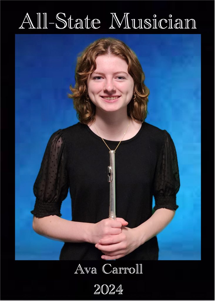 Ava Carroll smiles with her flute in an All-State Musician photo for 2024. 