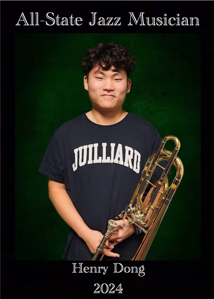 Henry Dong smiles with his trombone in an All-State Jazz Musician photo for 2024. 