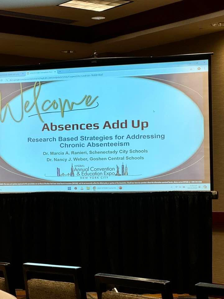 A presentation title screen for "Absences Add Up" - research based strategies for addressing chronic absenteeism. Dr. Nancy Weber, Assistant Principal at C.J. Hooker Middle School, co-presented her findings at this event. 