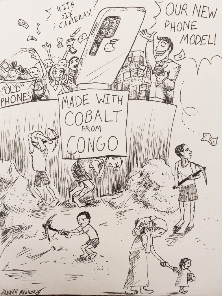 A cartoon of people mining rocks with pick axes. Above them a person flings money into the air next to a giant iPhone as people sheer. A woman is sad with cobalt on her back and a girl pulling her away from the area. 