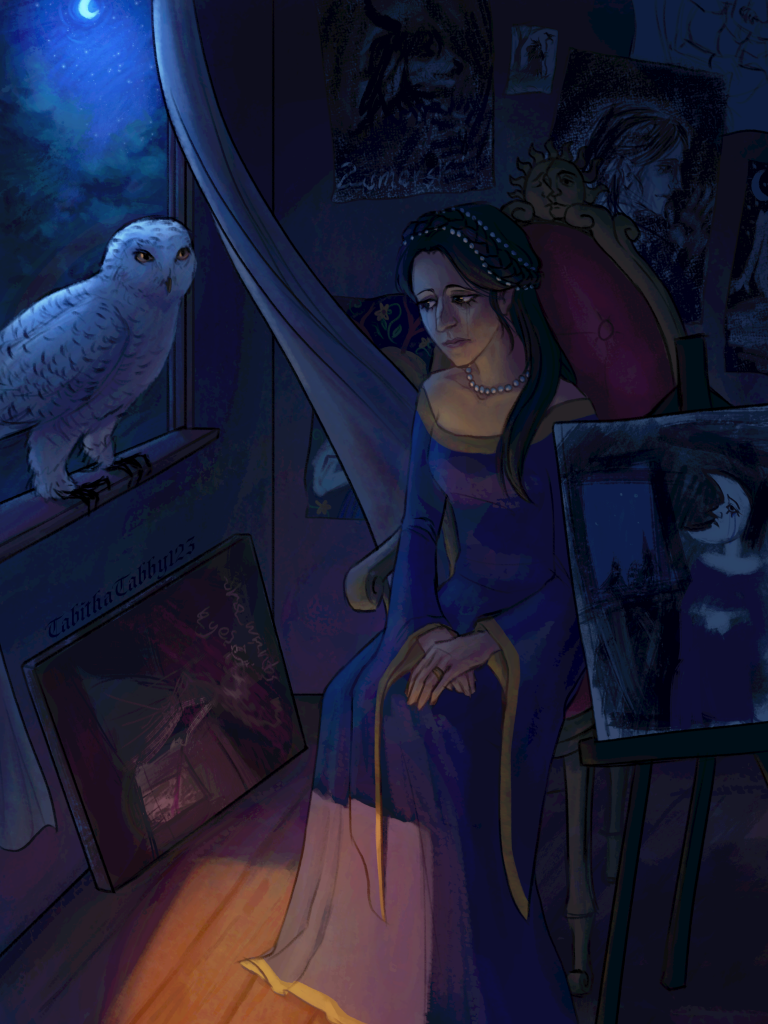 A woman in a dress looks sad as she looks out the window. An owl is in the window looking at her as its night time. 