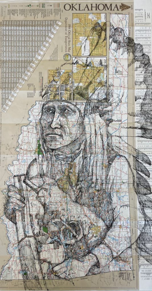 A drawing of a Native American wearing traditional headdress. The drawing is done on a map of Oklahoma. 