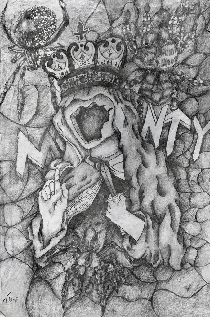 A drawing of a person with no face in front of a shattered background. The hole in the person's face is the "O" in the name "Monty." The drawing is in black and white and the head has a sword and a crown with spiders. 