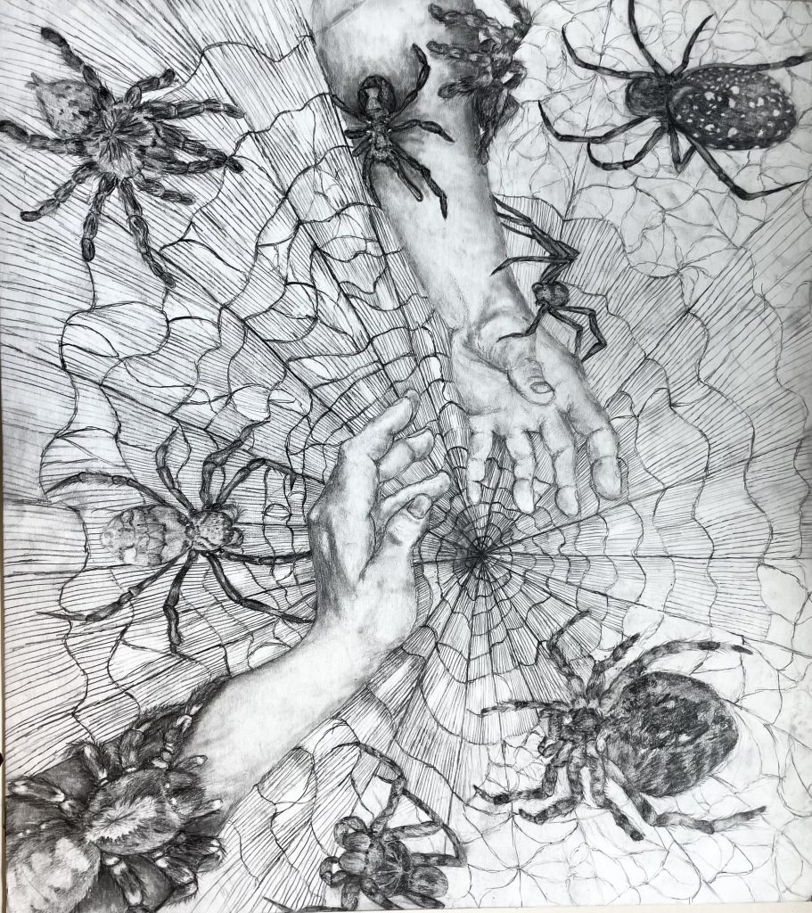 Hands are reaching to the middle of the drawing with spider webs and spiders all over them. The picture is in black and white. 