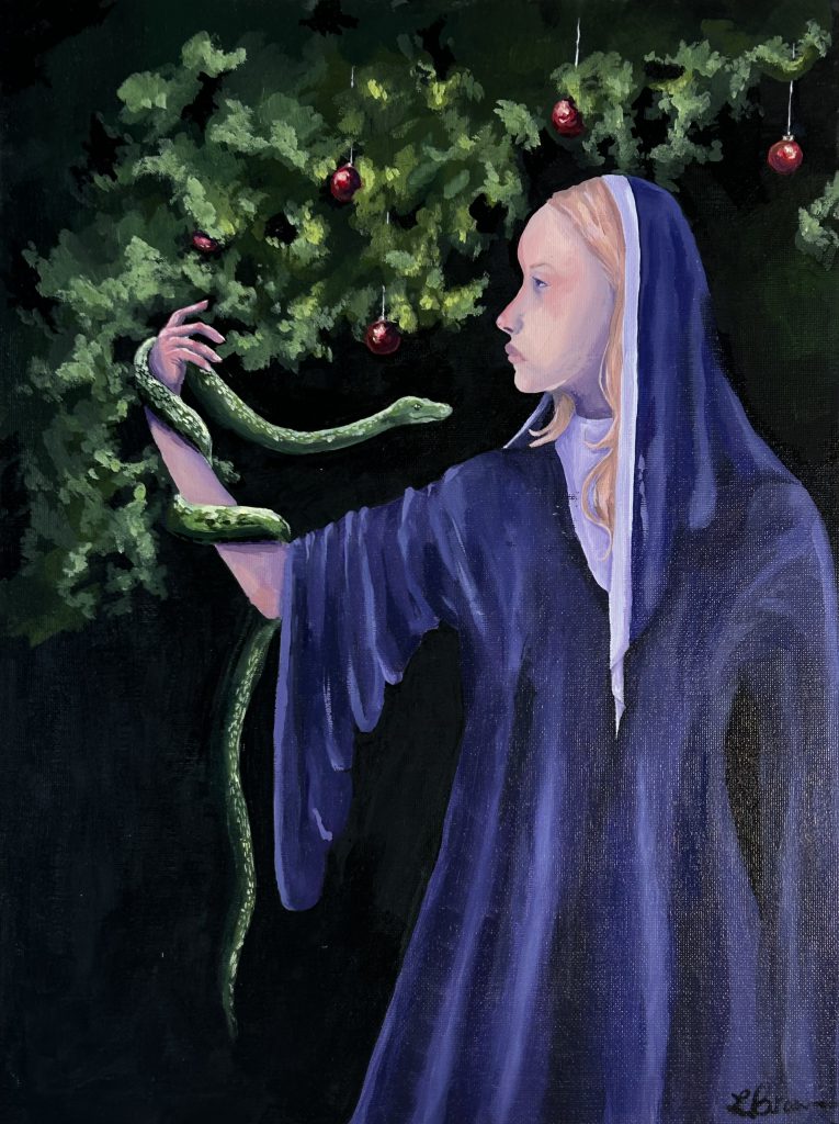 A woman in a black robe holds a snake. There are tree branches behind them above a black background with ornaments on the tree. The snake is looking directly at the woman. 