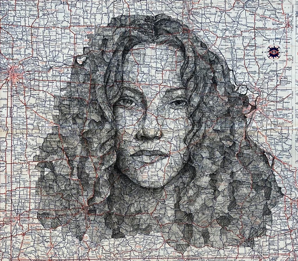 A drawing of Sheryl Crow over the map of Missouri. 