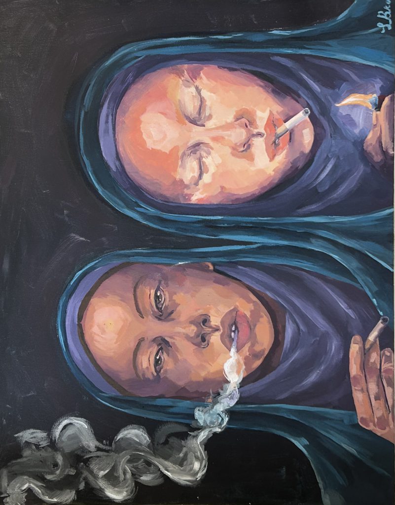 Two nuns smoke in front of a black background. The painting is from their face level. 