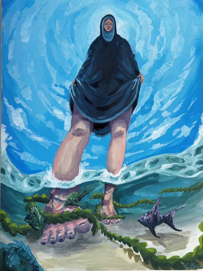 A nun is walking in low level eater. Below the water is her foot with seaweed and a fish. 