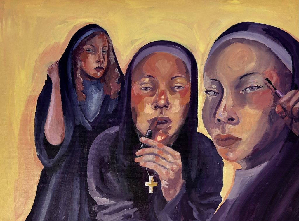 Three nuns are putting on their makeup in front of a mirror with a yellow background. The viewer is on the other side of the mirror they are using. 