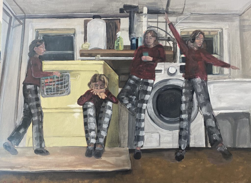 Four girls in different positions in a laundry room. One carries clothes in a basket, one on the floor, one on a phone, and one dancing. All the girls are identical wearing a red shirt and checkered black and white pants. 