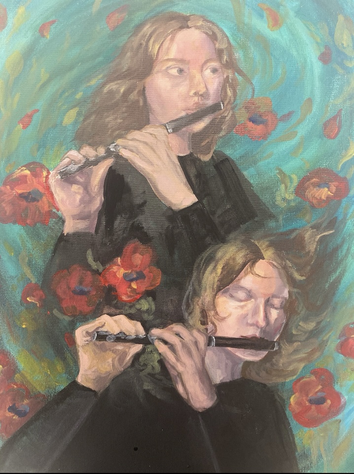 Two girls playing the piccolo, one is near the top of the painting looking straight ahead and the other is at the bottom with her eyes closed. 