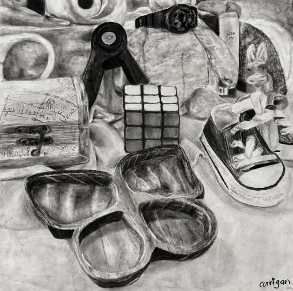 A black and white drawing of things on a table. There are shoes, a rubik's cube, a watch and other things.  