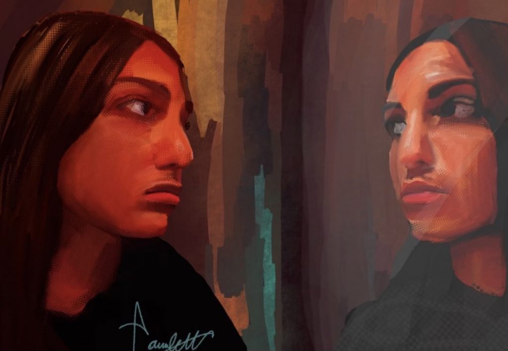 A painting of a girl looking in the mirror at herself. The girl is not smiling and her reflection looks back at her. 