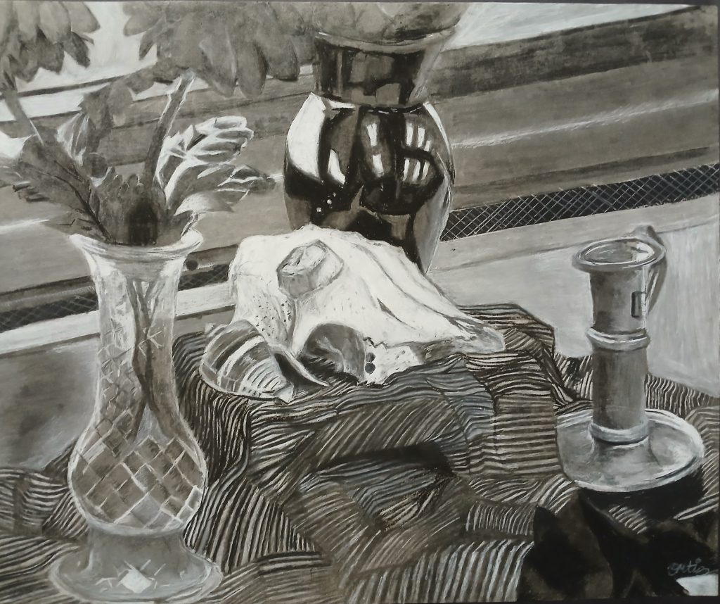 A black and white drawing of things on a table. There are vases, patterns similar to a zebra on the table, a beach shell as well. 