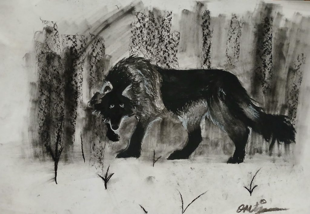 A black wolf is walking with one of the front paws in the air. It is looking at the viewer. The background of the drawing is black dots and lines and white all around. 