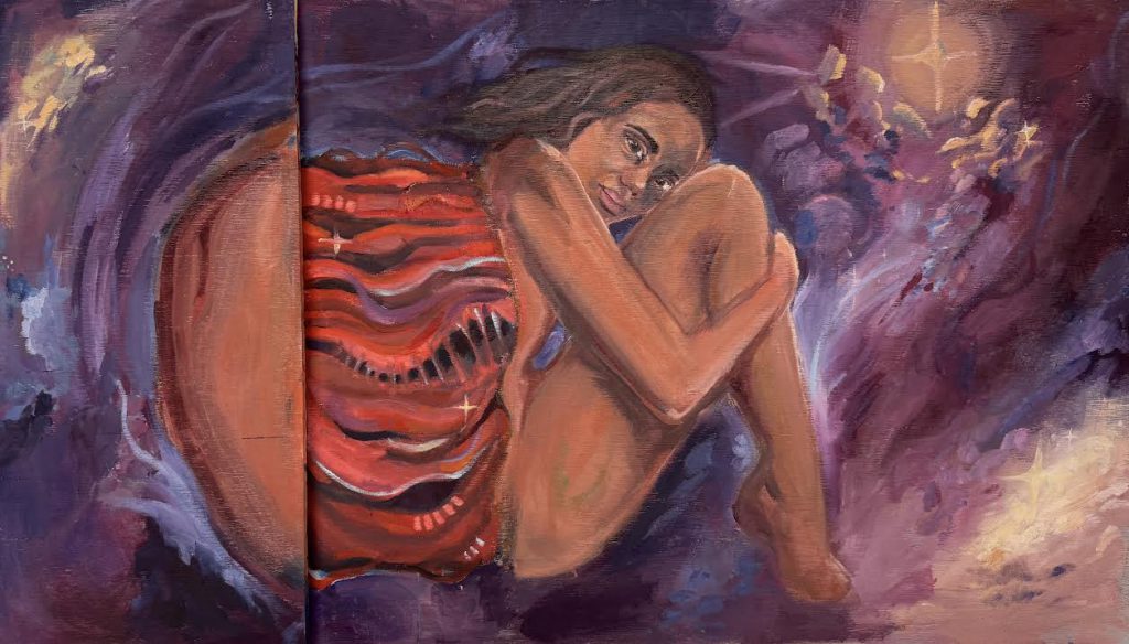 A girl sits without clothes on as her back is extended exposing an extended inside of her body which is red and connected to her back. The girl is in front of a purple and blue background. 