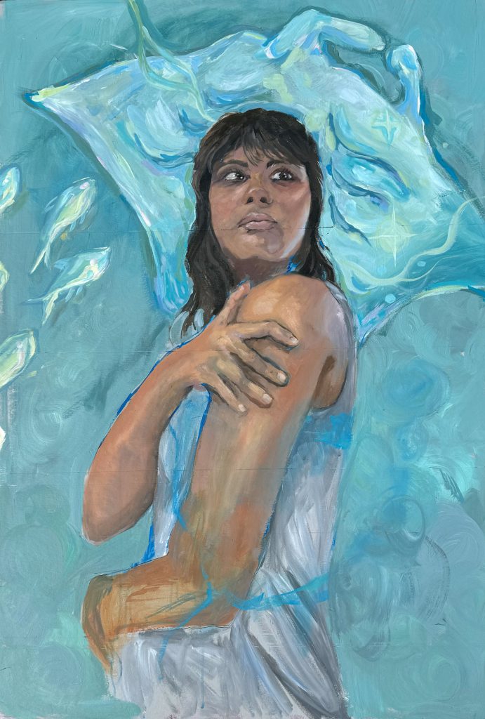 A girl in a white dress in front of a blue background. There are blue fish swimming toward something in water above her head. 