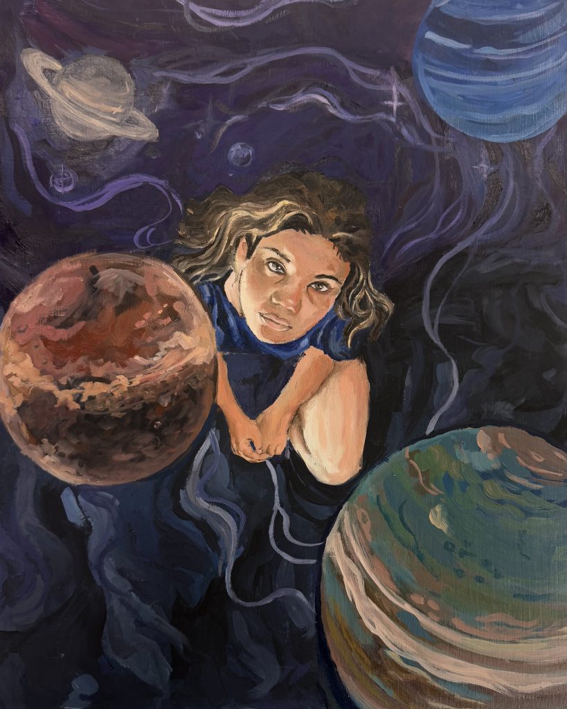 A girl looks up at a planet from below. She is much bigger than the planets and there are other planets all around her. 