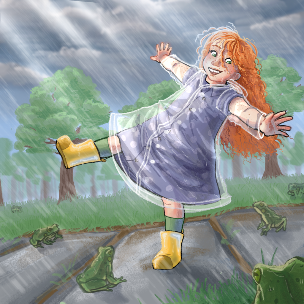 A girl leans backward in rain boots and a poncho as sunshine comes through the clouds and it rains. The girl has red hair. 