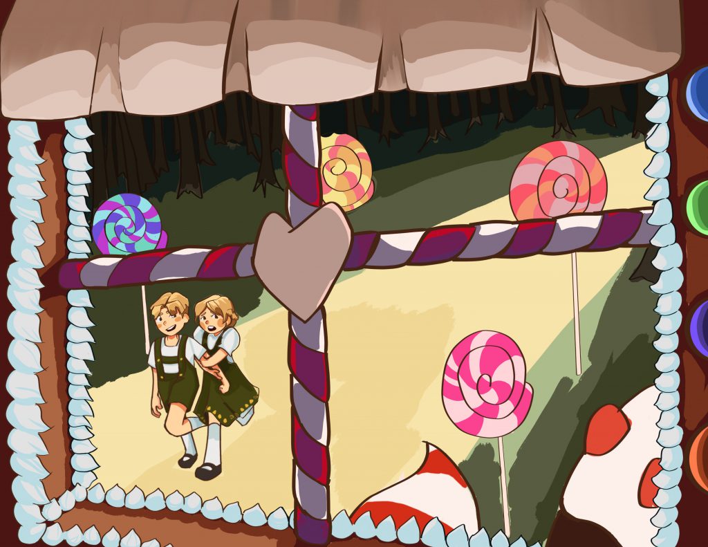 Gretel grabs Hansel's arm while seeing something concerning, she looks scared. The view of the photo is from inside a house that appears to be made of candy. Lollipops line the road Hansel and Gretel are walking on. 