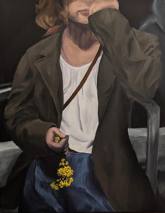 A girl is holding flowers with a purse around her shoulder and a jacket on with one hand going up to her face. The painting cuts off at her nose. 