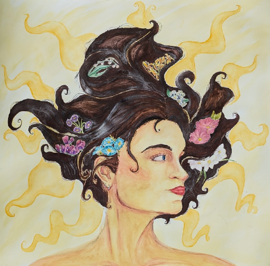 A woman's head is looking off to the right with flowers in her hair. There is yellow in the background behind her. 